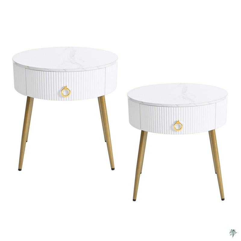 Easy Assembly End Tables With High Gloss Tabletops, Set Of 2, Modern Fluted 2 Side Tables With Drawers, Round Coffee Tables With Golden Legs