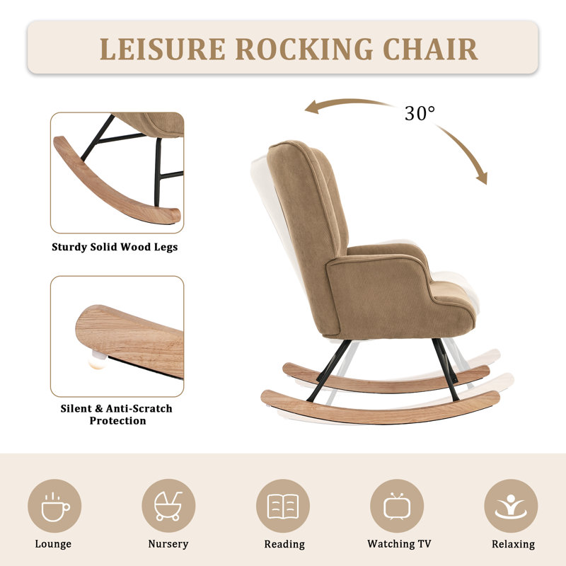 Solid Wood and Iron Rocking Chair, Corduroy, Camel