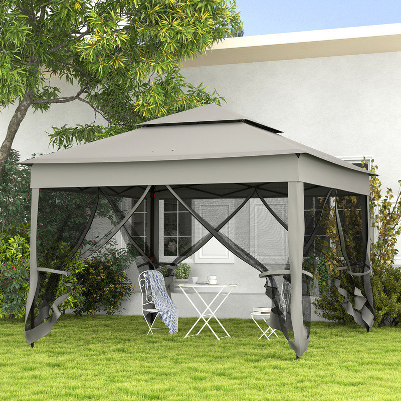 3.25m x 3.25m Dark Grey Double-Tier Pop-Up Gazebo with Mesh Netting, Carry Bag and Stakes for Outdoor Patio Events