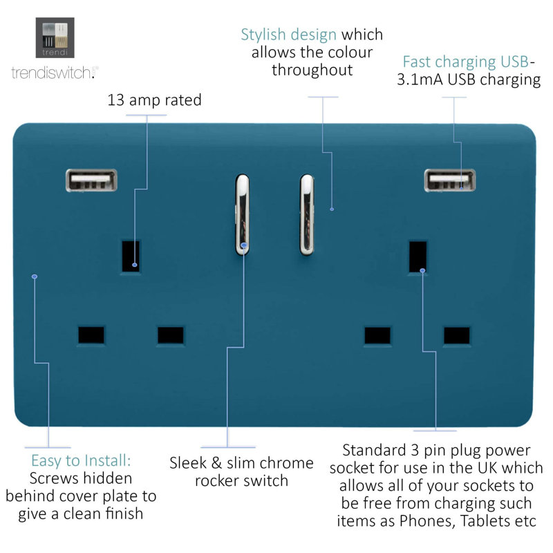 Trendi Switch 2 Gang USB 3100mA Plug Socket, Ocean Blue