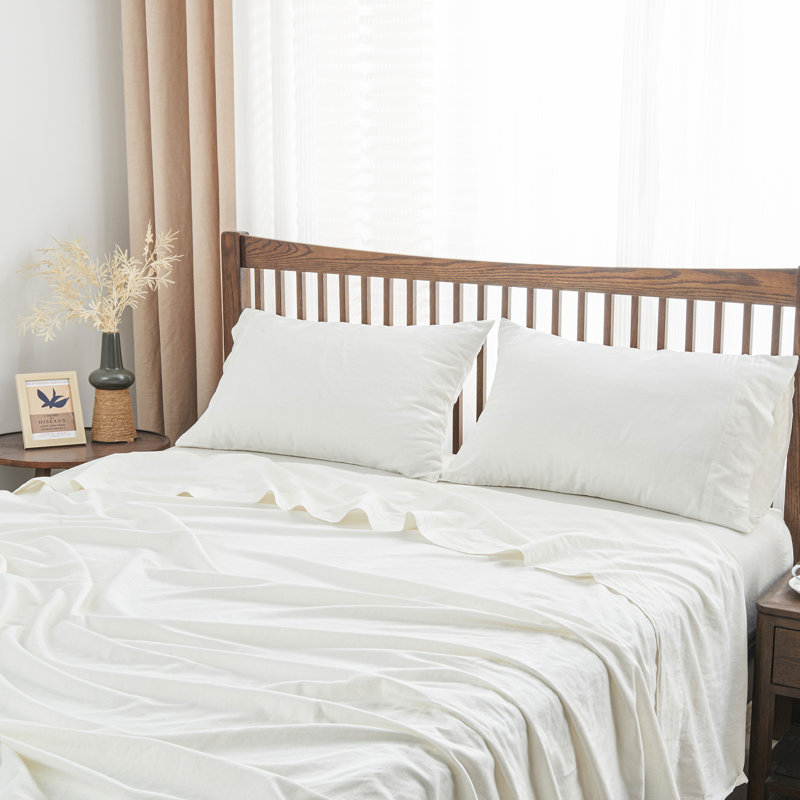 Linen Cotton Flat Sheet(White,Queen), Queen, White