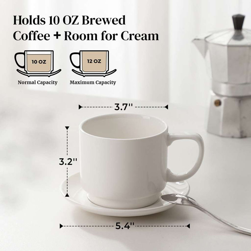 Ensemble de 4 tasses à café en céramique blanches avec soucoupes, capacité de 12 onces