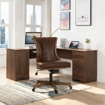 Mid-century rstyle height-adjustable office chair with 360-degree swivel, waterproof faux leather and sturdy wooden frame for offices, home studies, and computer rooms.