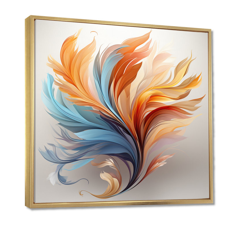 Fractale, plume bohémienne orange et turquoise - art mural plumes, H 44 po x l 44 po, Cadre flottant doré