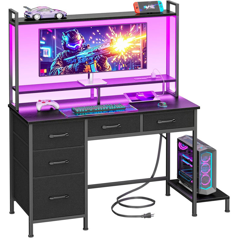 Computer Gaming Desk With Hutch, Home Office Desk With Power Outlets, Led Light, 5 Storage Drawers, 2 Tiers Shelves For Display, 39 Inch Modern Study Writing Table For Bedroom, Black