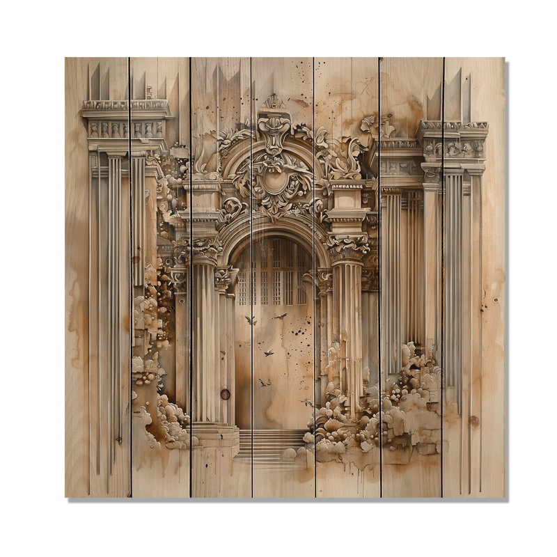 Ancienne porte de château à Madrid I - impression industrielle en bois noir sur bois de pin naturel, H 15 po x l 15 po