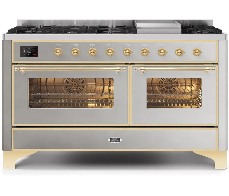 ILVE UM15FDNS3BGG Majestic II 60 inch Dual Fuel Range with 9 Burners, Griddle (Natural Gas, Triple Glass Door, Blue Grey, Brass)