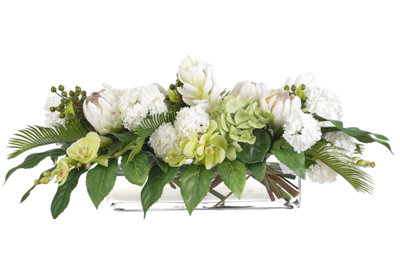 Hydrangea Protea, Green White, Glass Rectangle, 33wx16dx13h