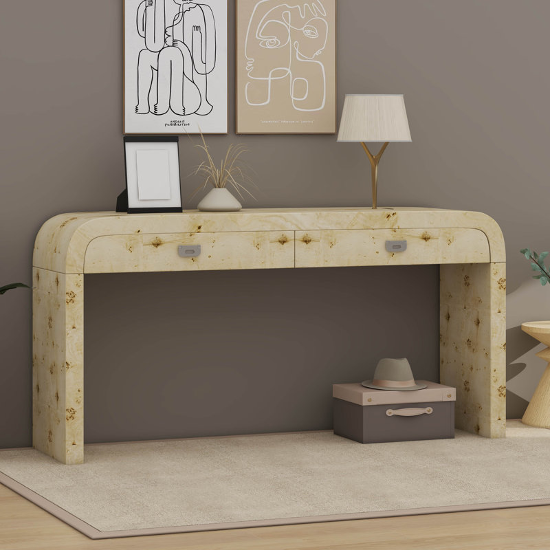 Console avec 2 grands tiroirs et poignées en métal, table d'entrée en bois, Naturel
