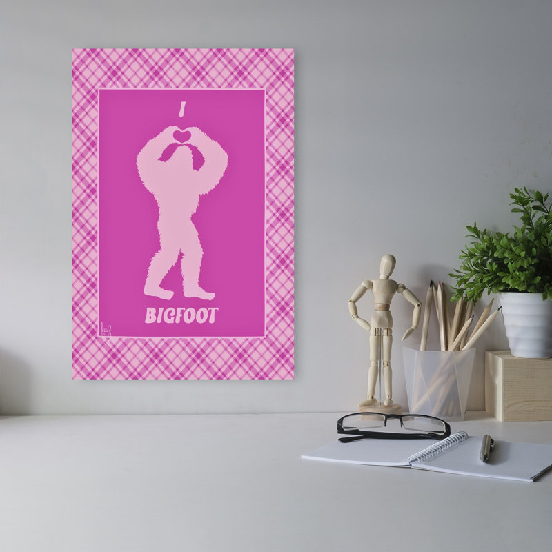 J'aime Bigfoot - Affiche murale abstraite contemporaine rose et fantaisiste, H 18 po x l 12 po