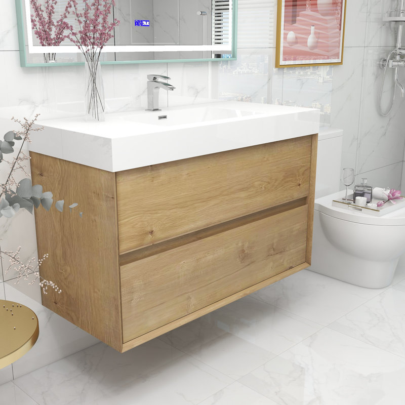 Ensemble de meuble-lavabo mural simple l 42 po Jaymarion, Chêne foncé