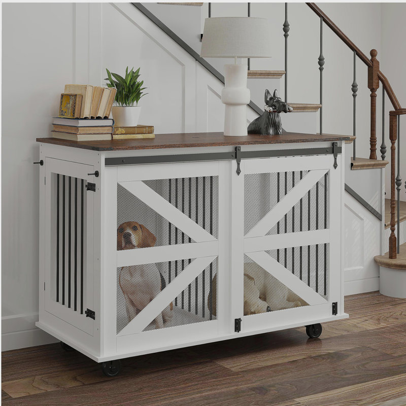 Caisse mobile pour chien 47,2 po avec porte à rabattement, système d'accès double et 5 roulettes (2 verrouillables), crochets latéraux - chenil multifonctionnel pour animaux de compagnie, double cage pour chien