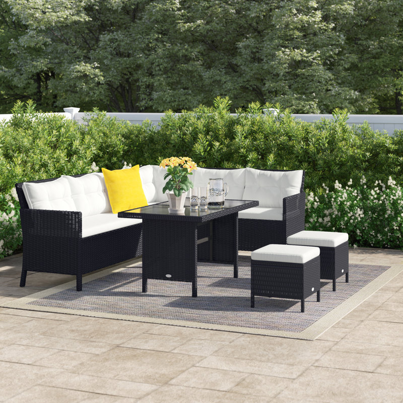 Hayrulla 6 Piece Rattan Garden Furniture Set 8-Seater with Footstools, White/Black