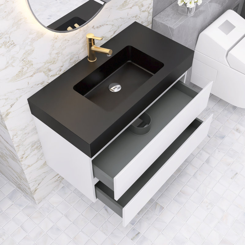 Meuble-lavabo simple Nihat, Blanc, Noir mat