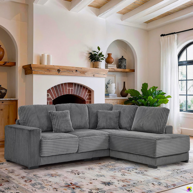 Gus 93"W LAF RAF Corduroy Sectioanl, 3 Seater, 1 Ottoman, Gray Corduroy