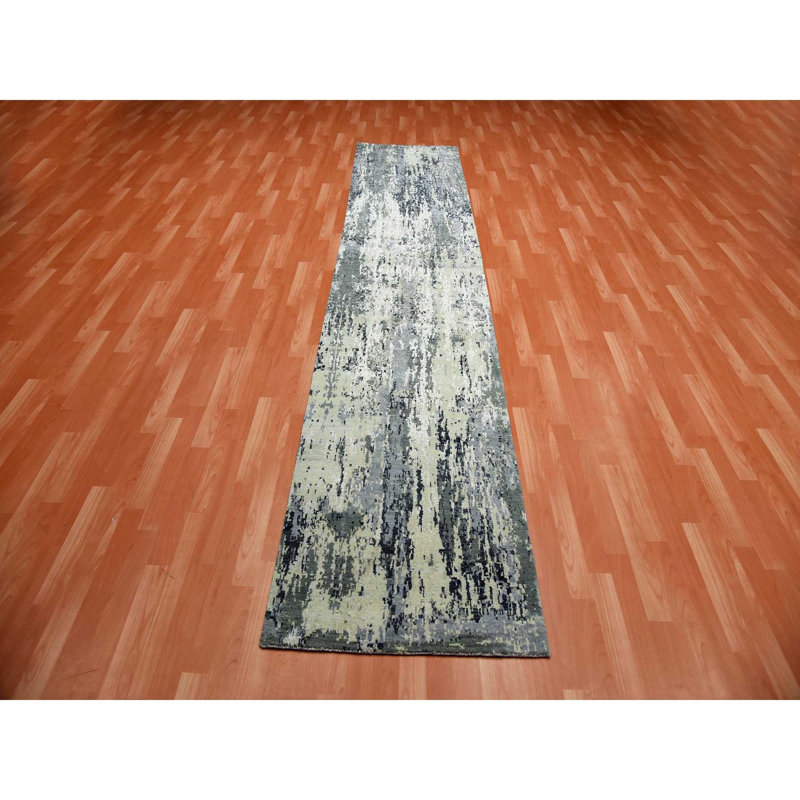 Tapis de couloir oriental noué à la main 2 pi 7 po x 12 po 2 po gris anthracite en laine et soie à motif abstrait noué à la main