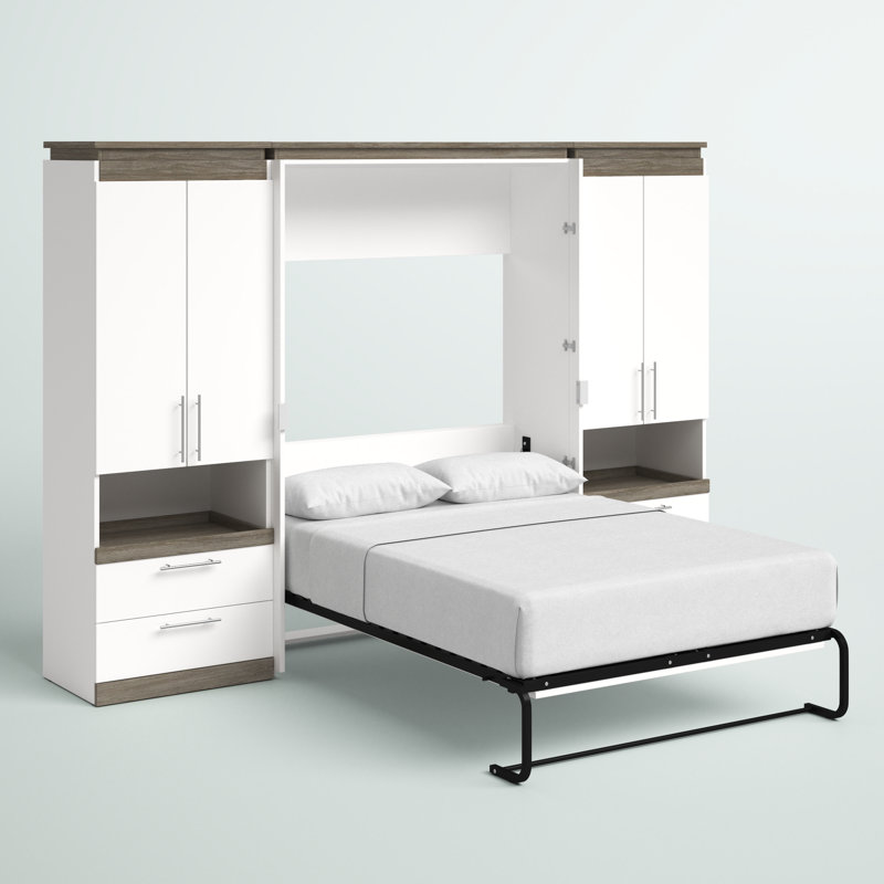 Lit escamotable Asay et 2 armoires de rangement avec tablettes coulissantes, Blanc, Double