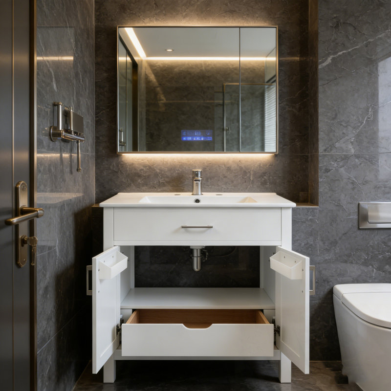 Étagère de salle de bain avec lavabo, 1 tiroir et porte, Blanc
