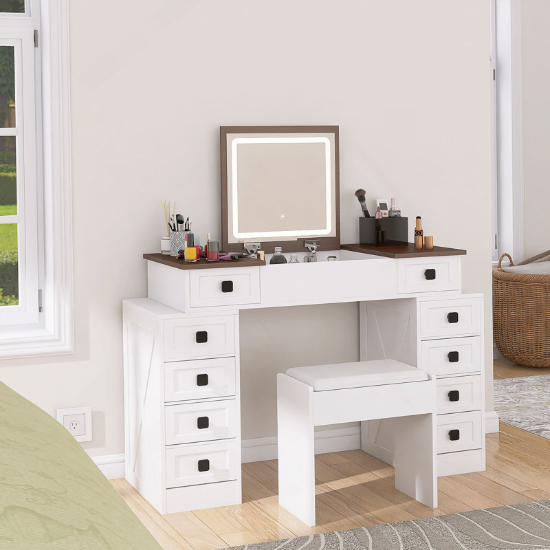 Meuble-lavabo avec éclairage à DEL à intensité variable avec 10 tiroirs, table de maquillage avec miroir rabattable pour économiser de l'espace, grand ensemble de coiffeuse avec rangement