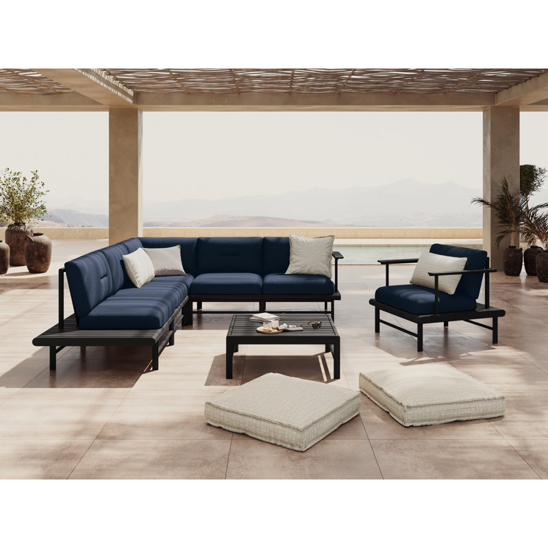 245cm Wide Metal Patio Sectional with Cushions, Dark Blue