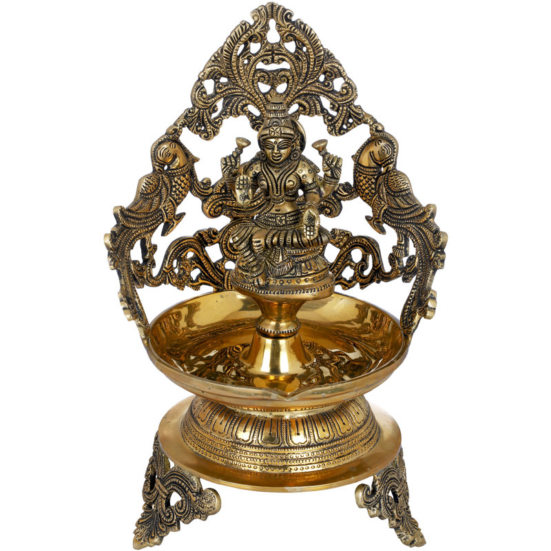 Déesse en laiton Lakshmi Diya avec paon Aureole