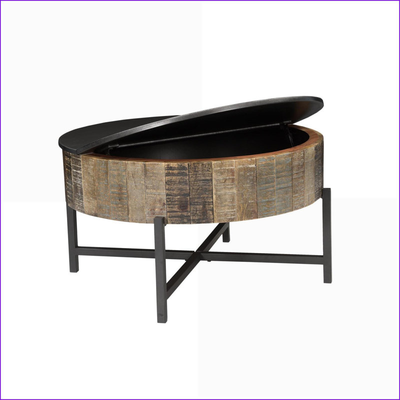 Table basse rustique en bois de manguier rétro avec rangement caché, base en fer robuste pour salon