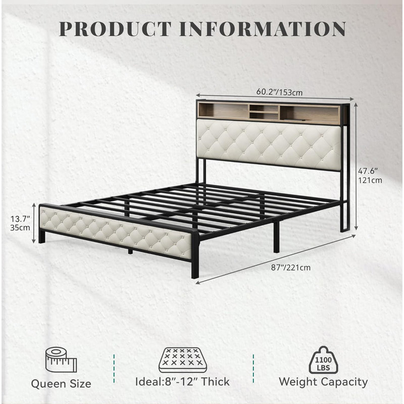 Queen Size Bed Frame, Platform Bed Frame with Charging Station, Upholstered Storage Headboard & Footboard Metal Slats Supports Mattress Foundation, No Box Spring Needed, Beige(No Drawers)