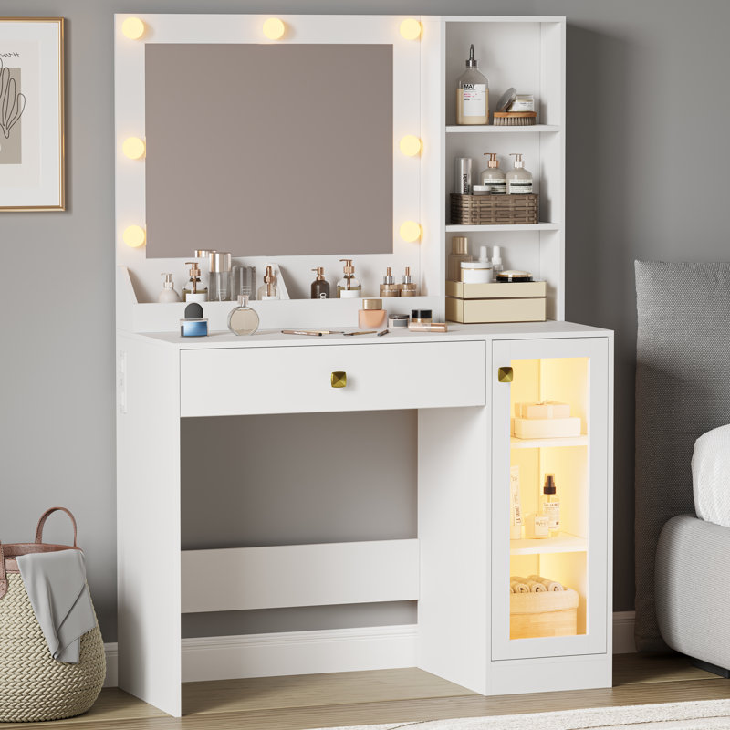 Petite coiffeuse avec miroir et lumières, Blanc