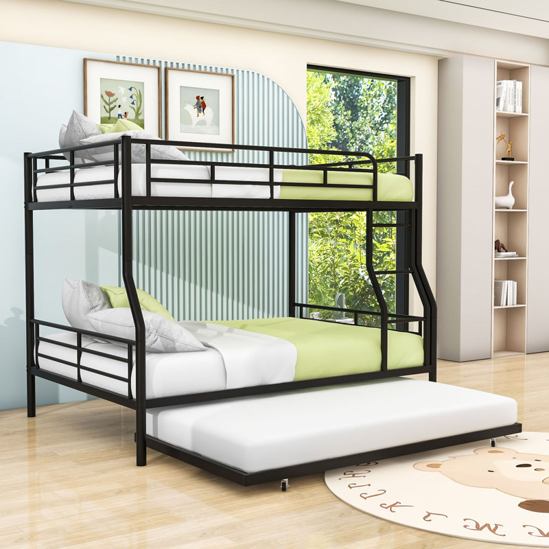 Full XL Over Queen Bunk Bed With Safety Features And Twin Trundle,Ladder, Black