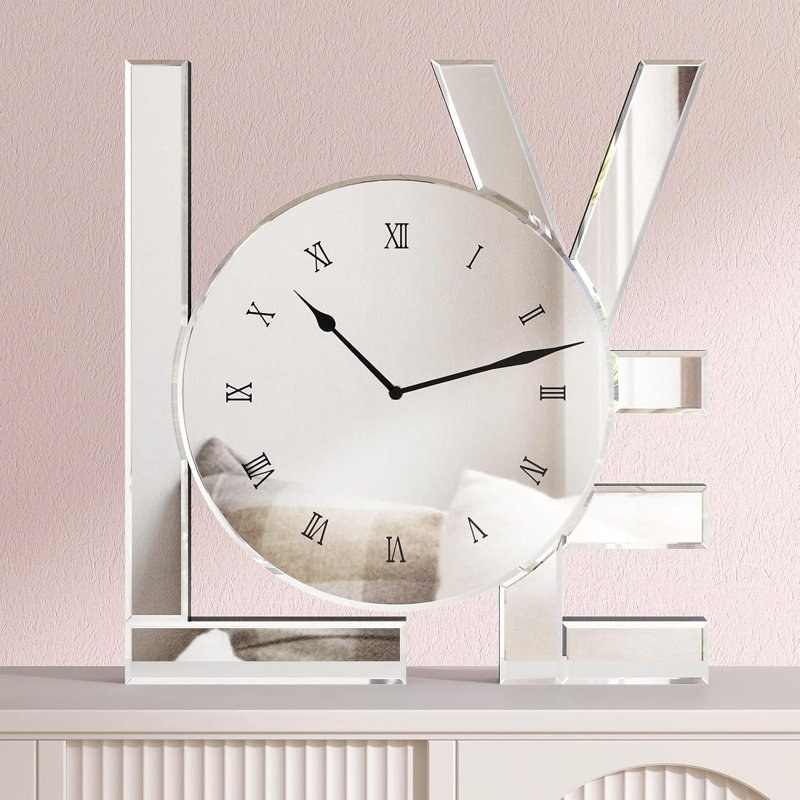 Shyfoy 28x30cm Glass Wall Clock Mirrored Table Clock  LOVE Letter Accent Clock