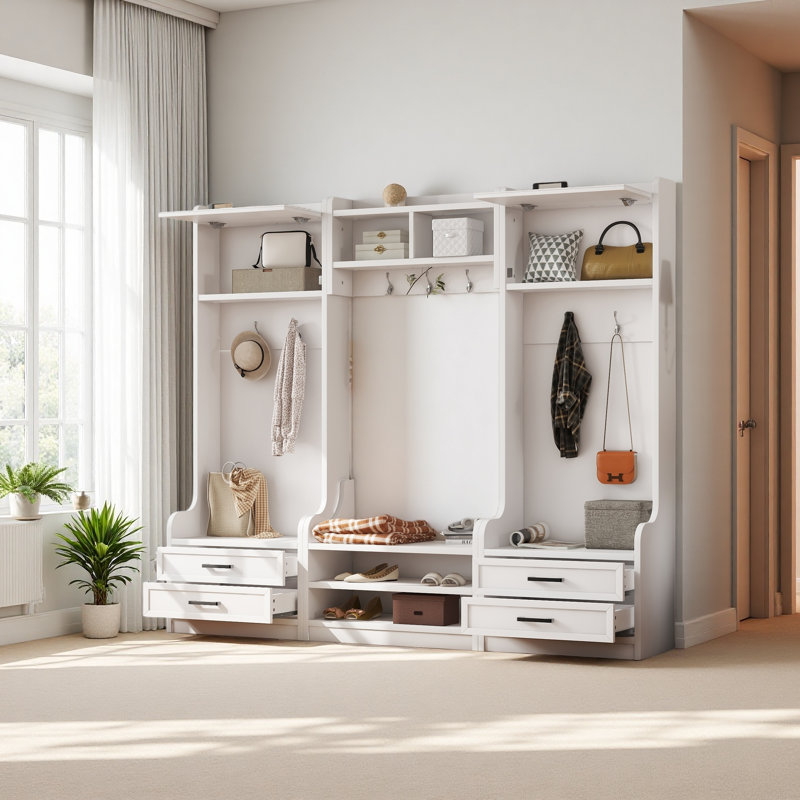 Portemanteau amovible 4-en-1 avec rangement et 7 crochets, portemanteau multifonctionnel avec tiroirs de rangement et armoire, banc à chaussures blanc pour le vestibule
