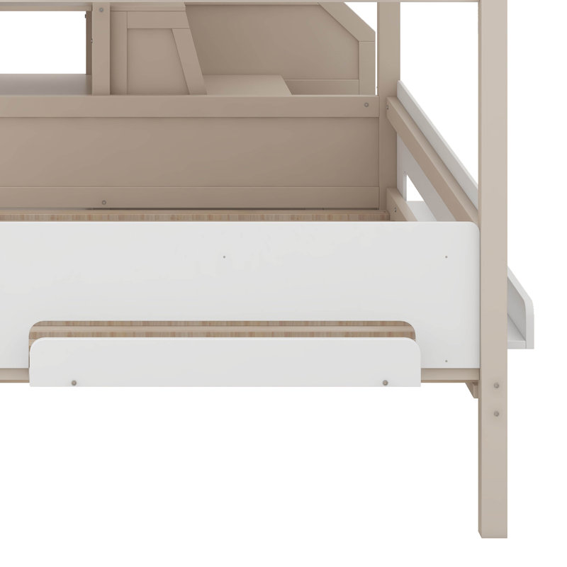 Lit superposé avec glissière et escalier de rangement, cadre de lit en bois, conception de maison avec garde-corps et tablettes