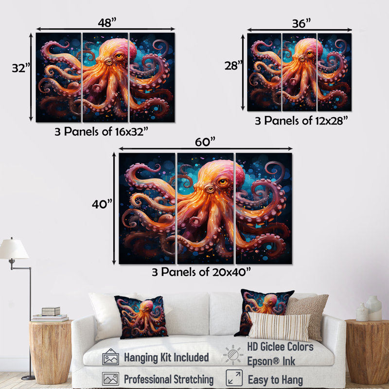 Octopus Expressionist Abyss II - ensemble de reproductions d'art mural pieuvre / calmar, H 40 po x l 60 po