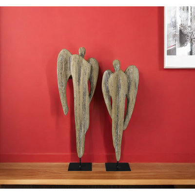 Ensemble de deux sculptures de table ange en bois massif naturel