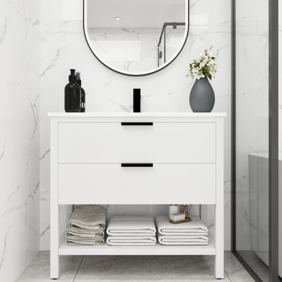 Meuble de salle de bain autoportant 36 po - Contreplaqué, 2 tiroirs, évier en résine contreplaqué, apparence
