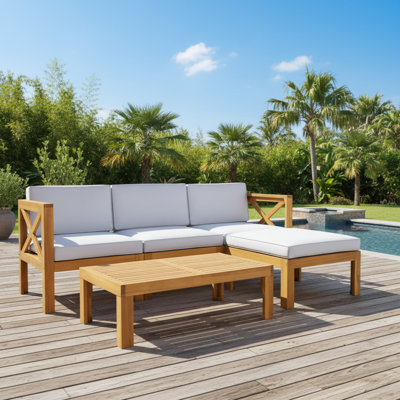 This Five-Piece Wooden Sofa And Chair Set For An Outdoor Backyard Patio Features A Warm And Sophisticated Natural Finish, Paired With Gray Cushions. Its Simple Yet Elegant Design Perfectly Complements The Ambiance Of Your Backyard.