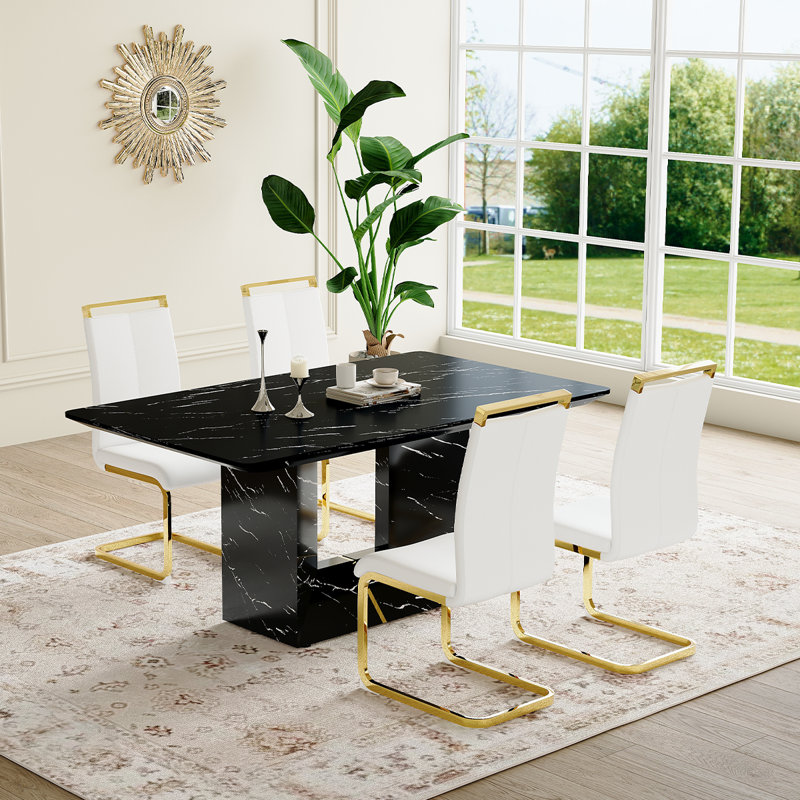 Ensemble de cuisine et salle à manger Modern, table de salle à manger en marbre avec chaises rembourrées, Noir, Blanc / Doré