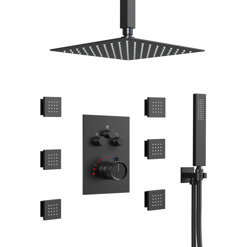 Ceiling Mounted Thermostatic Shower System ,  Square Shower Faucet Set with 12-Inch Shower Head & Handle Set, Valve Trim Kit