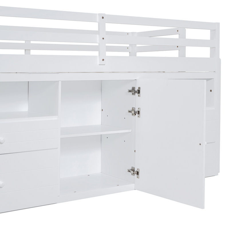 Lit mezzanine simple blanc avec 4 tiroirs, tablettes et armoire, Blanc
