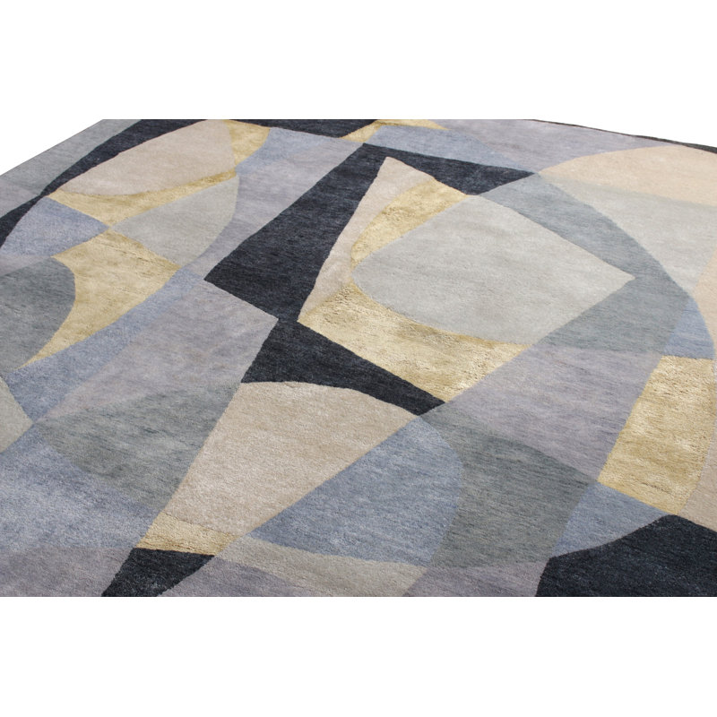 Rug & Kilim's Mid-Century Modern Rug In Gray, Ivory And Blue Geometric Pattern, Runner 3' x 10'