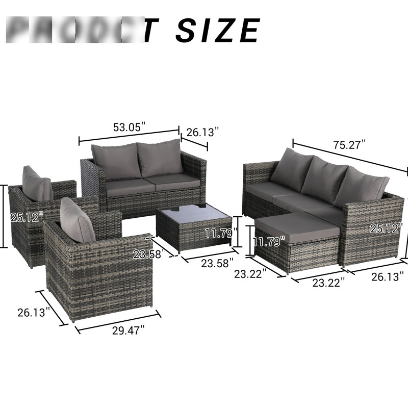 Mobilier de patio 6 pièces - Extérieur avec coussins de rétention de couleur, coussins et table en verre Weather For Garden, Backyard Conversation All Backyard, Garden
