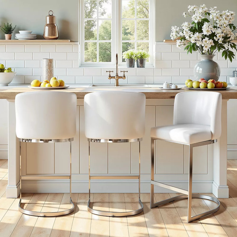 Tabouret de bar et de comptoir moderne à dossier bas de 26 po avec structure en métal , Similicuir blanc, 2