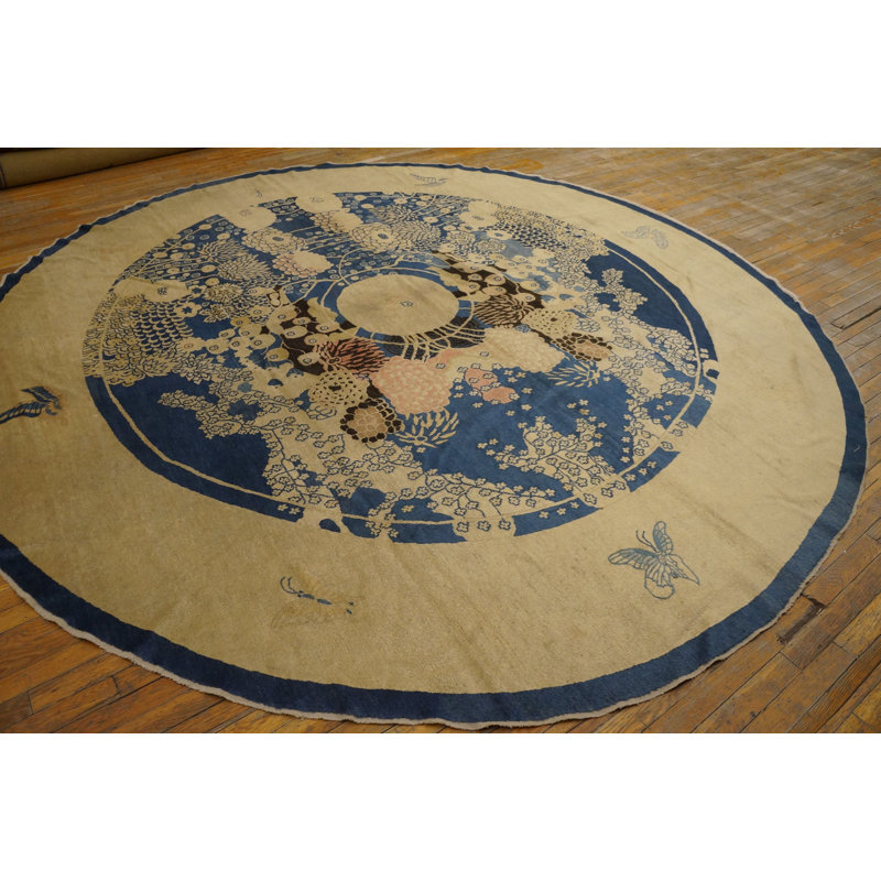 Antique Artistic Chinese Soft Blue Color Wool Pile Round Peking Rug
