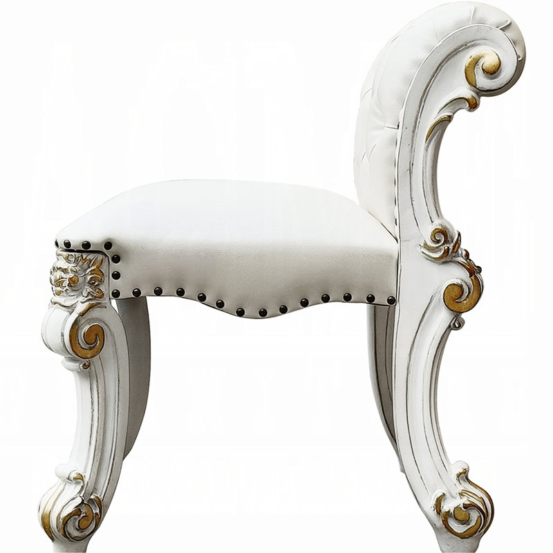 Tabouret de coiffeuse beige sans accoudoirs en tissu à motif uni, base de siège à volutes avec garniture cloutée, idéal pour la chambre à coucher, 28 po x 21 po, tabouret rectangulaire rembourré, sans accoudoirs, finition argent antique et bouton