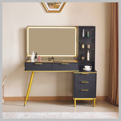 Bureau de coiffeuse avec miroir, lumières et prise de courant, 5 tiroirs, tablettes de rangement, 3 modes de couleur, luminosité réglable pour la chambre à coucher