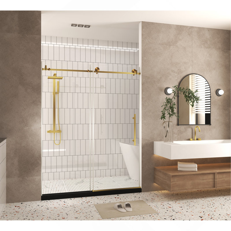 Porte de douche sans cadre l 44 à 48 po x H 76 po, verre trempé transparent de 1/4 po (6 mm), film antidéflagrant, poignée en acier inoxydable, or brossé