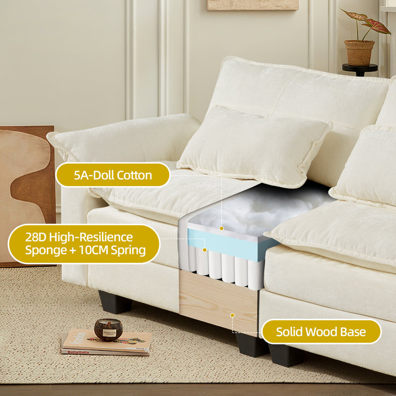 107.8'' Modular Sectional Sofa For Living Room, Cloud Couch Sectional With USB, Movable Ottoman, White