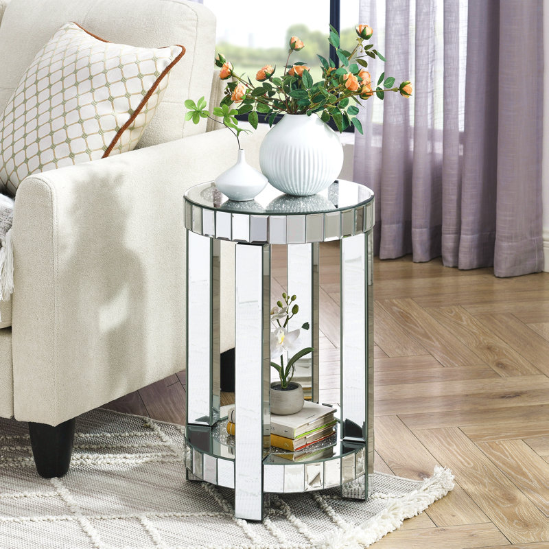 Table ronde à miroir avec incrustation de cristal, petit canapé moderne à 2 couches avec espace de rangement, table décorative argentée convenant au salon, à la chambre à coucher, au café et aux petits espaces