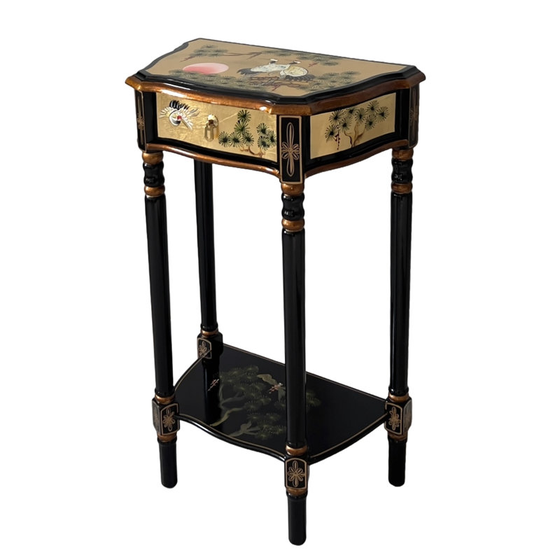 Gold Leaf Ronit Side Table with Drawer and Shelf, Hand Painted Cranes
