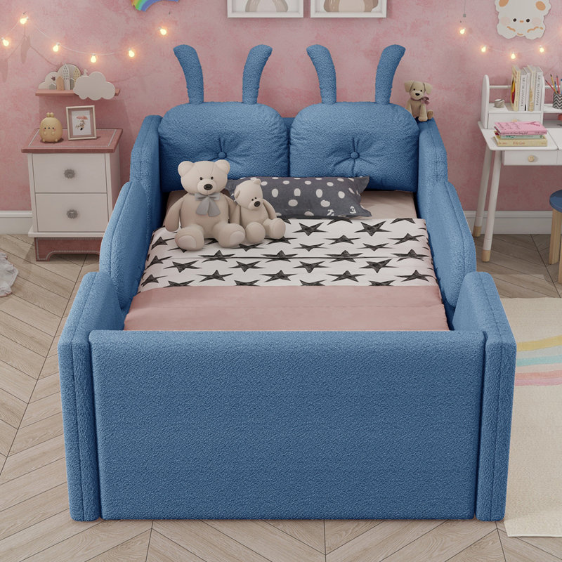 Lit plateforme simple tapissier avec rails latéraux amovibles, Bleu